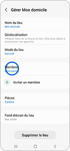 Sélection des Membres d'un lieu dans l'application SmartThings