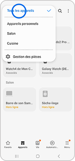 Sélection de tous les appareils d'une pièce de l'application SmartThings