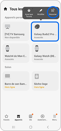 Sélection d'un appareil dans l'application SmartThings pour le dissocier