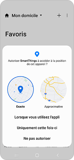 Configuration de l’autorisation d’accès requise par l'application SmartThings sur un smartphone Galaxy