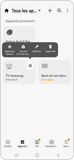 Aperçu des options de contrôle d’un appareil sur l’application SmartThings