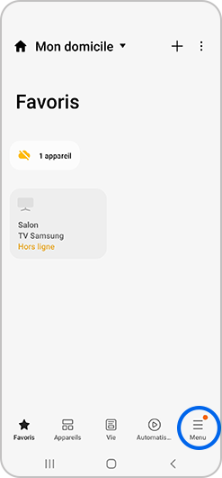 Sélection de l'onglet menu de l'application SmartThings sur un smartphone Galaxy