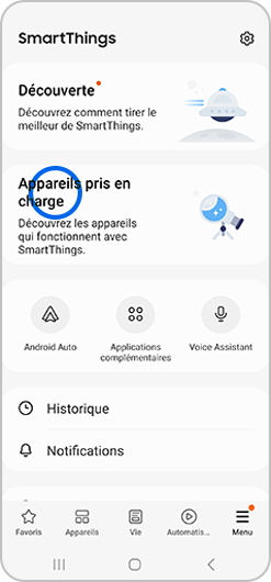 Sélection de la rubrique Appareils pris en charge de l'application SmartThings sur un smartphone Galaxy
