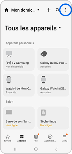 Sélection de Plus d’options d’une pièce de l'application SmartThings