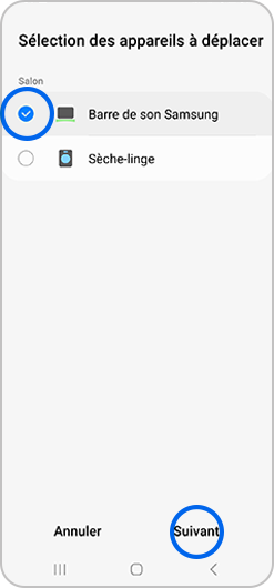 Sélection de l’appareil à déplacer vers une autre pièce de l'application SmartThings