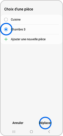 Sélection de la pièce vers laquelle déplacer un appareil de l'application SmartThings