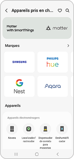 Aperçu de la rubrique Appareils pris en charge de l'application SmartThings sur un smartphone Galaxy