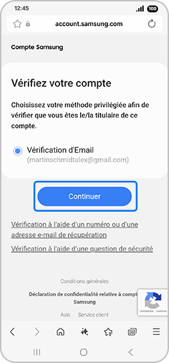 Écran de vérification d’un compte Samsung