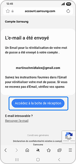 Écran de confirmation d’un compte Samsung