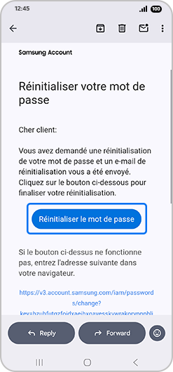 Écran de réinitialisation du mot de passe d’un compte Samsung