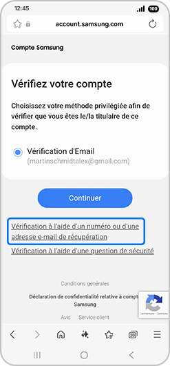 Écran de vérification d’un compte Samsung