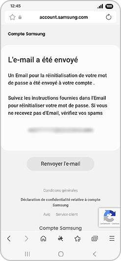 Écran de réinitialisation du mot de passe d’un compte Samsung