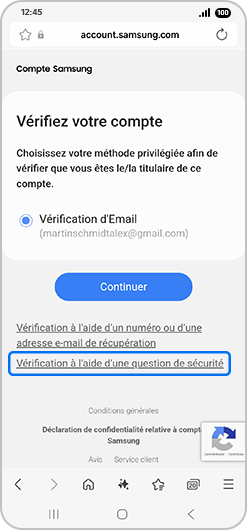 Écran de vérification d’un compte Samsung