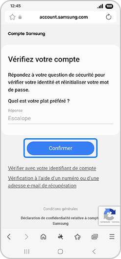 Écran de vérification d’un compte Samsung via une question de sécurité