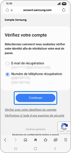 Écran de vérification d’un compte Samsung