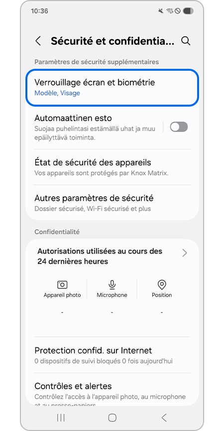 Sélection du menu Verrouillage écran et biométrie