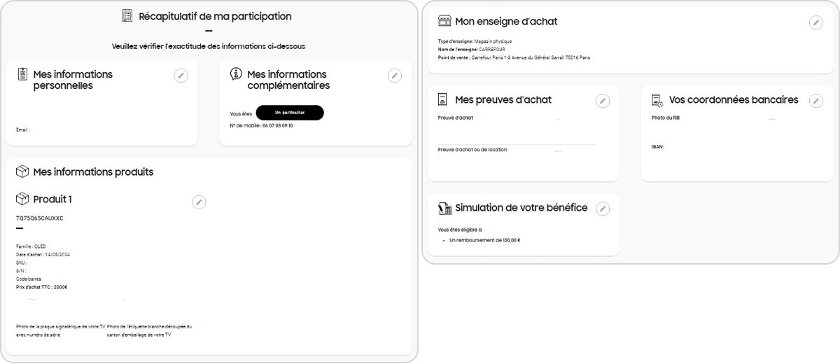 Écran récapitulatif de complétion du formulaire promotionnel
