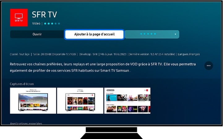 Ajout de l’application SFR TV sur la page d'accueil d'un téléviseur Samsung