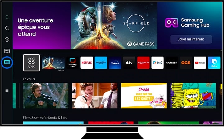 Sélection du menu Média sur la page d'accueil d'un téléviseur Samsung