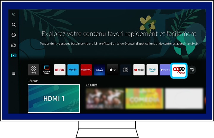Aperçu de l’application OQEE sur la page d'accueil d'un téléviseur Samsung