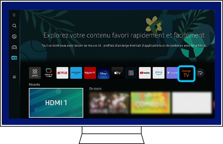 Aperçu de l’application Orange TV sur la page d'accueil d'un téléviseur Samsung