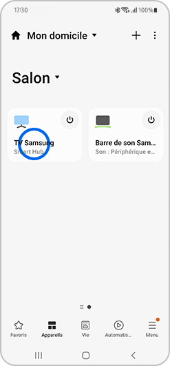 Sélection d’un téléviseur Samsung sur l'application SmartThings