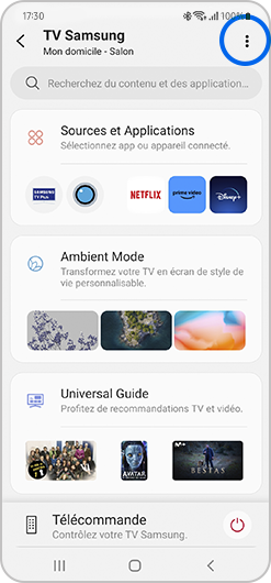 Sélection du menu Plus d’option d’un téléviseur Samsung sur l'application SmartThings
