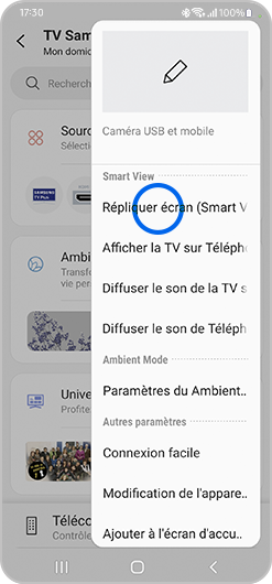 Sélection de l’option Répliquer écran sur l'application SmartThings