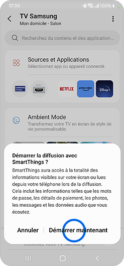 Démarrage de la diffusion de l’écran d’un smartphone sur un téléviseur Samsung via SmartThings