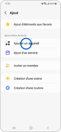 Sélection de l'option Ajouter un appareil sur l'application SmartThings