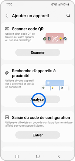Sélection de l'option Analyser sur l'application SmartThings