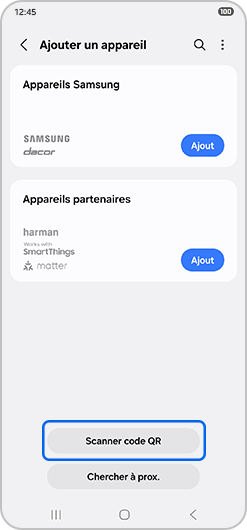 Aperçu des options d'ajout d'un appareil Samsung sur l'application SmartThings avec Scanner code QR en surbrillance