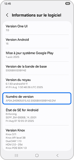 Aperçu du menu Informations sur le logiciel d'un smartphone Samsung