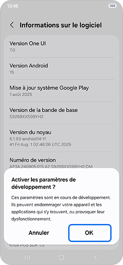 Sélection du menu Options de développement d'un smartphone Samsung