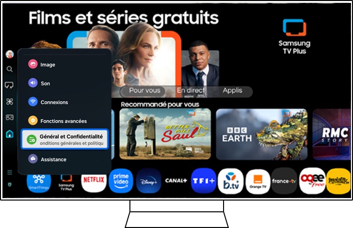 Interface de la Samsung Smart TV affichant le menu Paramètres, avec Général et Confidentialité en surbrillance.