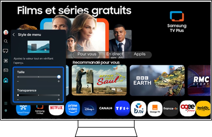 Menu des paramètres de la Samsung Smart TV, avec Style de menun en surbrillance sous le sous-menu Général et Confidentialité.
