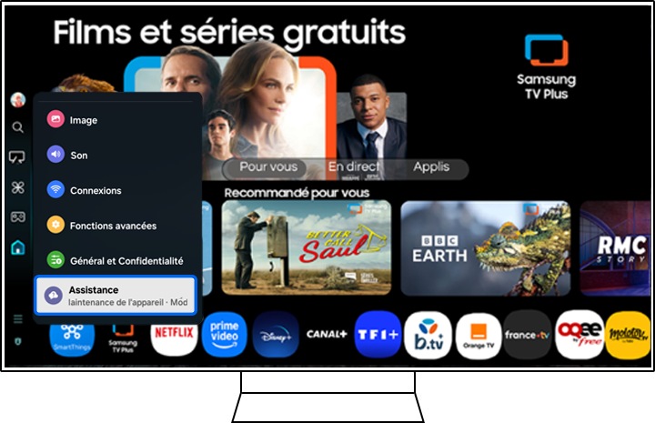 Interface de la Samsung Smart TV affichant le menu Paramètres, avec Assistance en surbrillance.