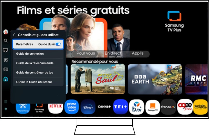 Options sous Conseils et guide utilisateur sur une Samsung Smart TV, avec Guide du menu Paramètres sélectionné pour activer les descriptions à l'écran.