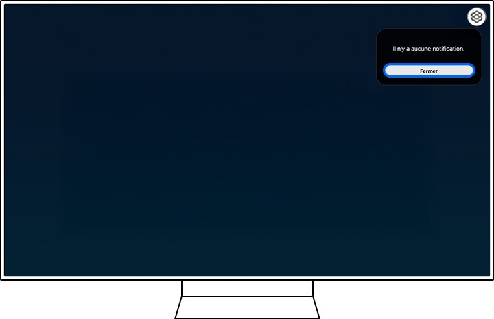 Écran de télévision Samsung avec un lever de soleil sur une montagne et une fenêtre contextuelle indiquant « aucune notification », mettant en évidence l'icône Paramètres.