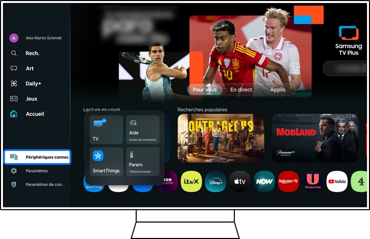 Interface Samsung Smart Hub affichant la barre latérale avec 'Appareils Connectés' en surbrillance, montrant diverses options d'appareils connectés, y compris TV, SmartThings et entrées HDMI.