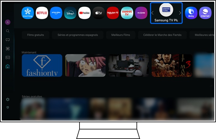 Interface Samsung Smart Hub montrant l'icône Samsung TV Plus dans la liste des applications, entourée d'autres icônes d'applications comme Netflix et YouTube.