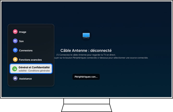 Interface de la Smart TV Samsung affichant le menu 'Paramètres', avec 'Général et Confidentialité' en surbrillance.