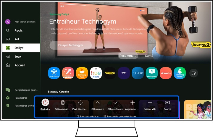 Menu de contrôle à l'écran de la Smart TV Samsung affiché en bas de l'écran, montrant des options pour l'alimentation, les chaînes et le réglage du volume.