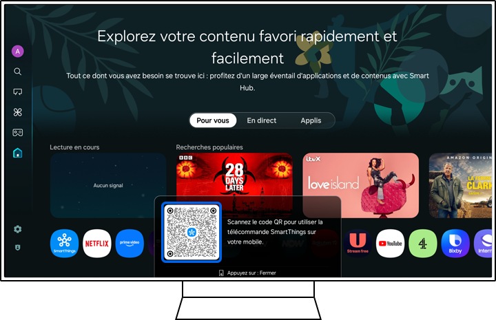 Écran de la Smart TV Samsung affichant un code QR pour connecter la télécommande SmartThings à l'aide d'un smartphone.