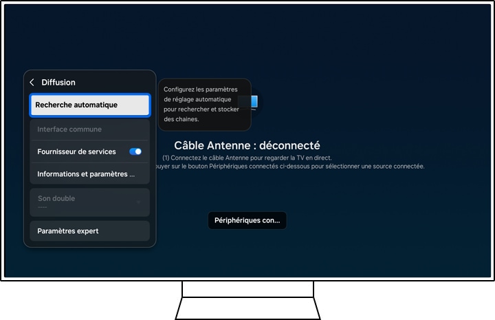 Interface de la Smart TV Samsung montrant le menu 'Diffusion' avec l'option Recherche automatique en surbrillance.
