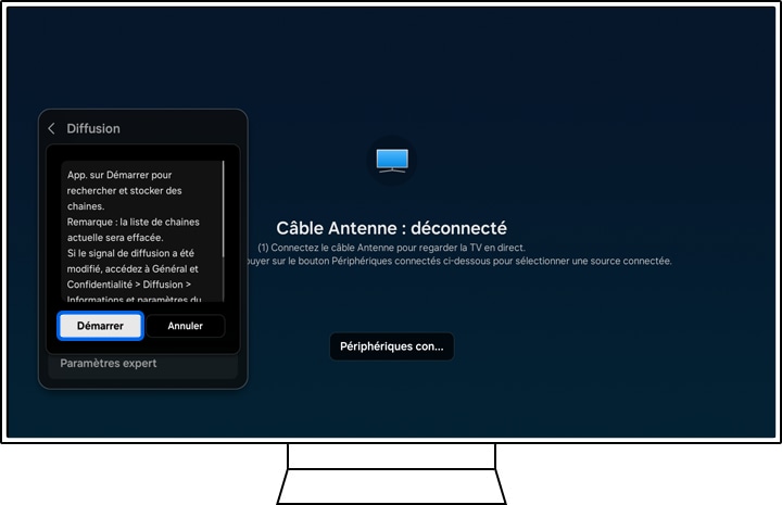 Interface de la Smart TV Samsung montrant le menu 'Diffusion' avec le bouton 'Démarrer' en surbrillance.