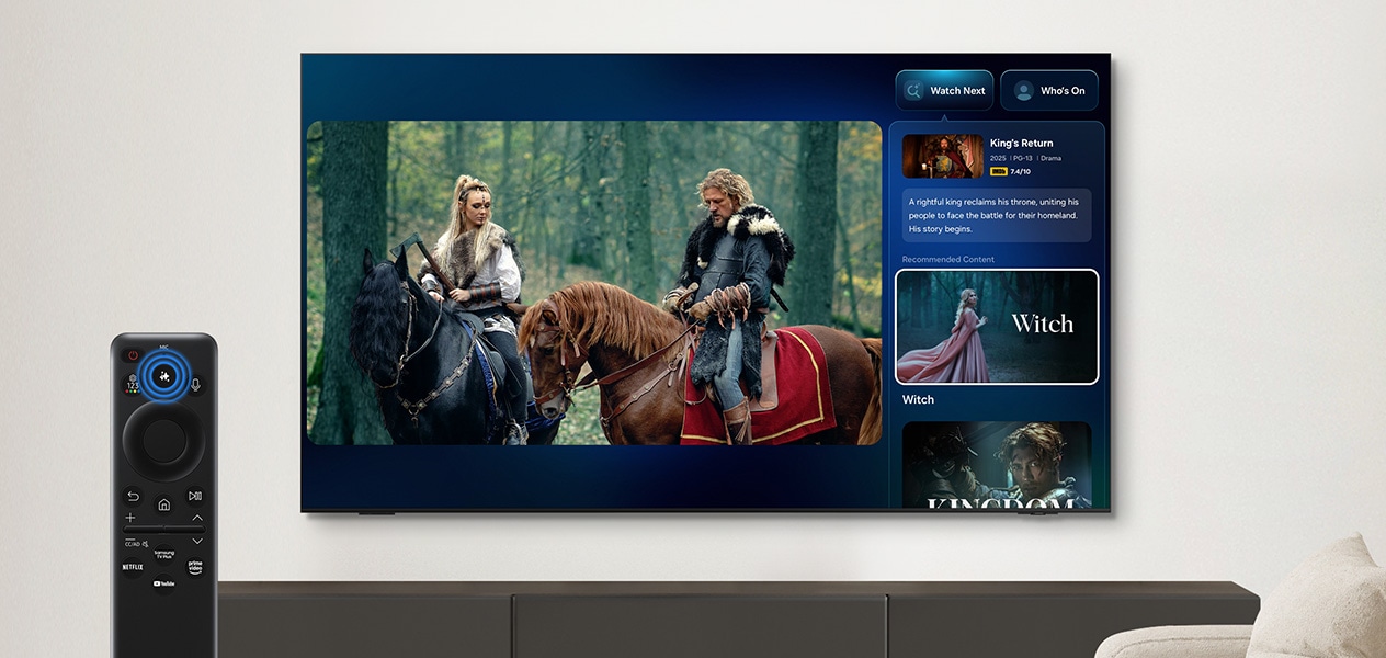 Un téléviseur affiche une scène de cavaliers sur des chevaux, ainsi que des informations sur l'émission et des contenus recommandés. Une télécommande avec le bouton AI entouré.