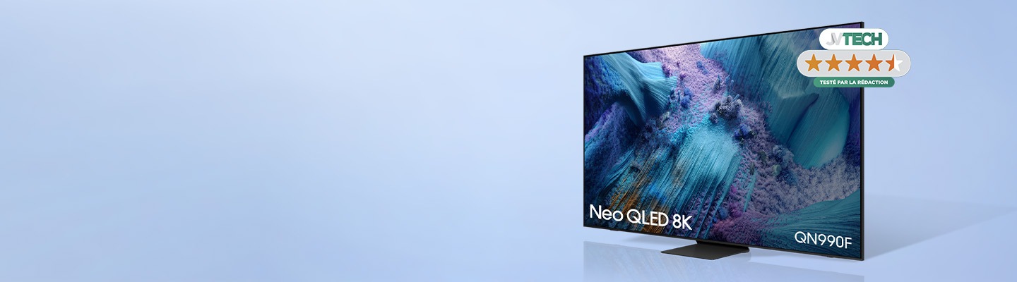 A Neo QLED 8K QN990F with 4,5/5 stars JVTECH logo