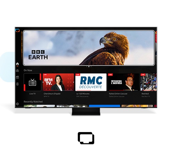 Samsung Smart TV displaying the Samsung TV Plus home screen with various TV channels available.