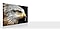 An 8K TV which is high definition TV displays a zoom-in of the head of a hawk with brown and white feathers.